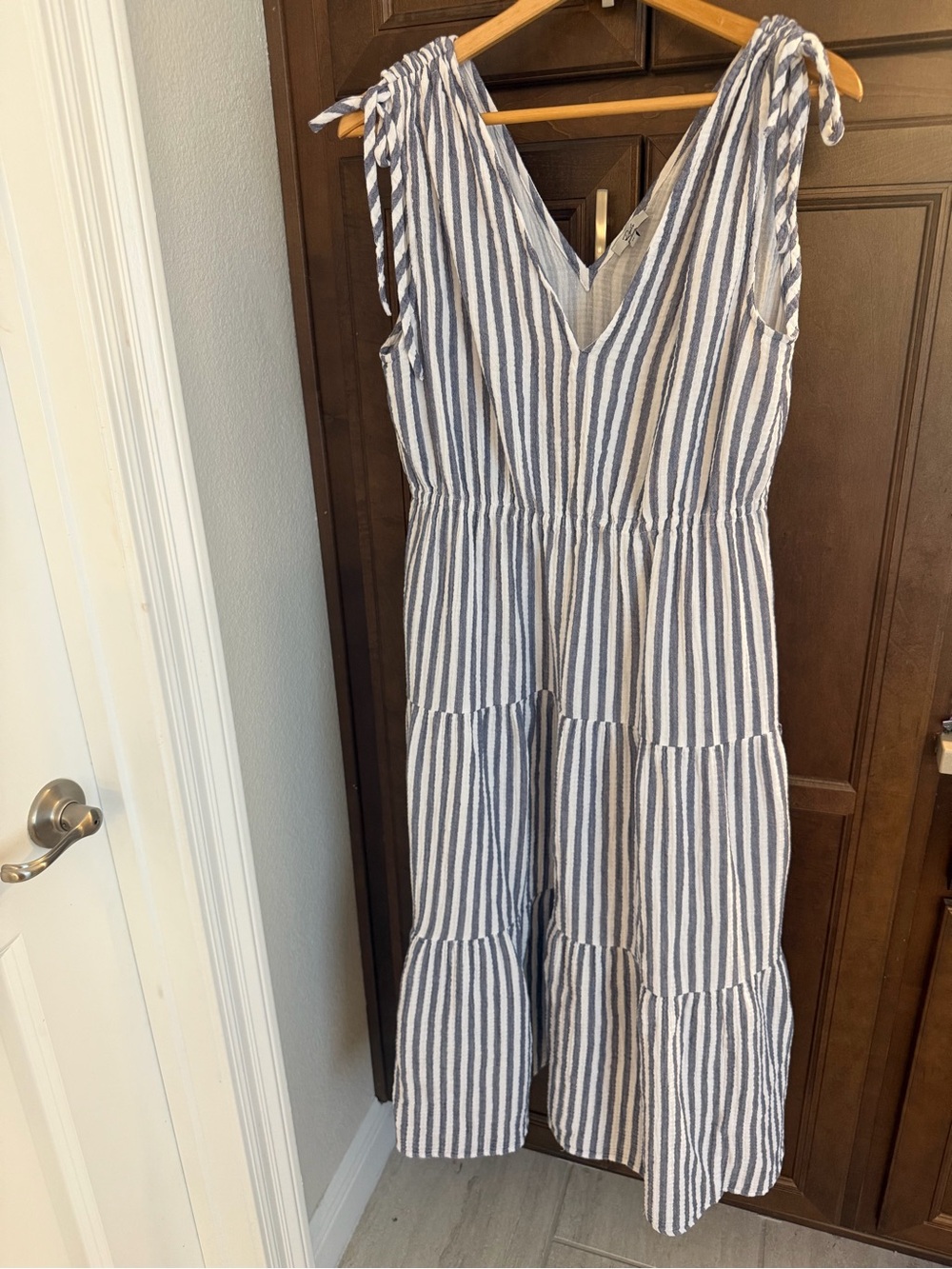 Rails Blue and White Striped Tie-Shoulder Maxi Dress. Organic Cotton